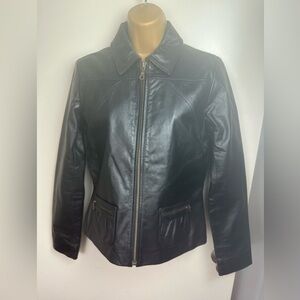 Frenchi Black 100% Leather Vintage‎ 90’s/Y2K Motorcycle Inspired Zip Jacket S